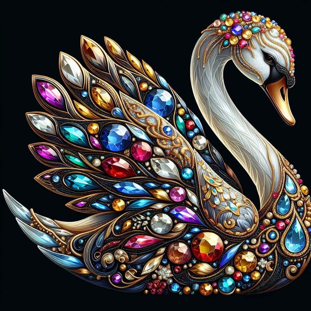 Jeweled Glass Swan: Hyperrealistic Digital Illustration