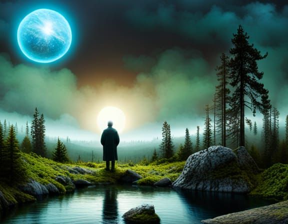 Glowing Orb in Mystical Forest Landscape