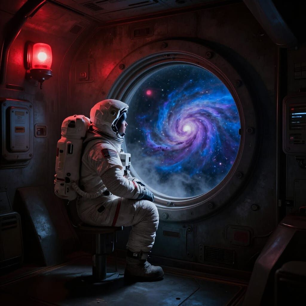 Astronaut Gazes at Nebula from Grimy Space Station