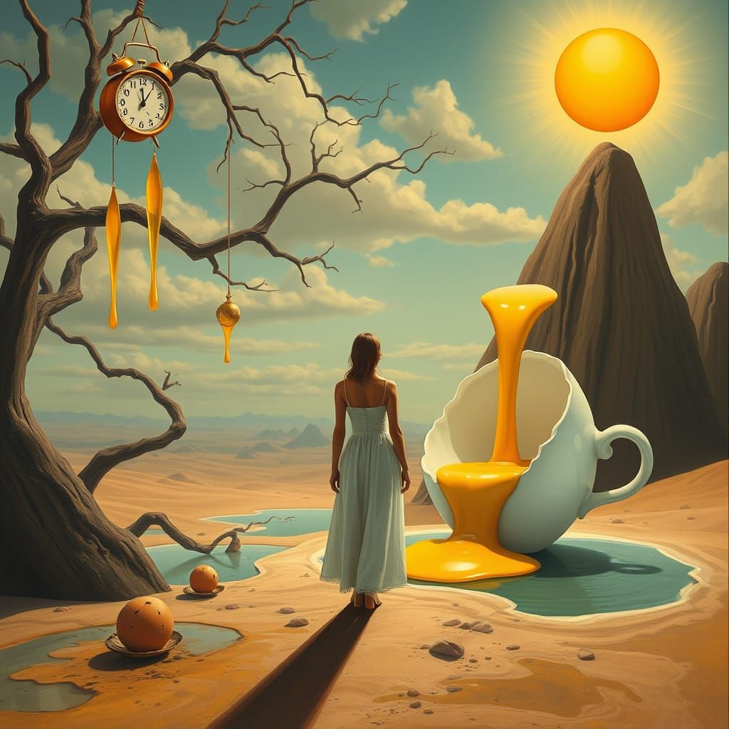 Surreal Desert Dreamscape with Melting Clocks