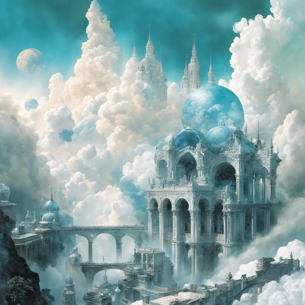 Ethereal Cloudscape City Inspired by Klimt and Escher