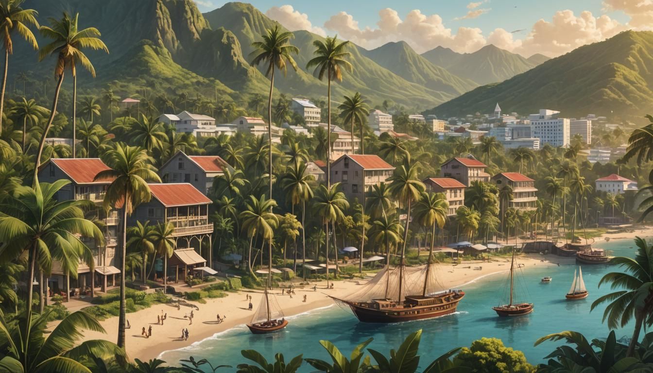 Lush Tropical Port with Sailing Ships, Oil Painting