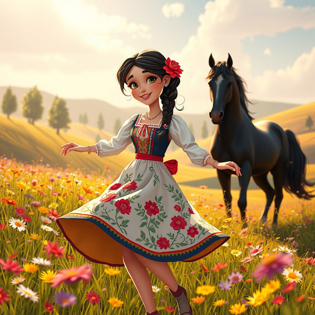 Joyful Romanian Folk Dance in a Sunny Meadow