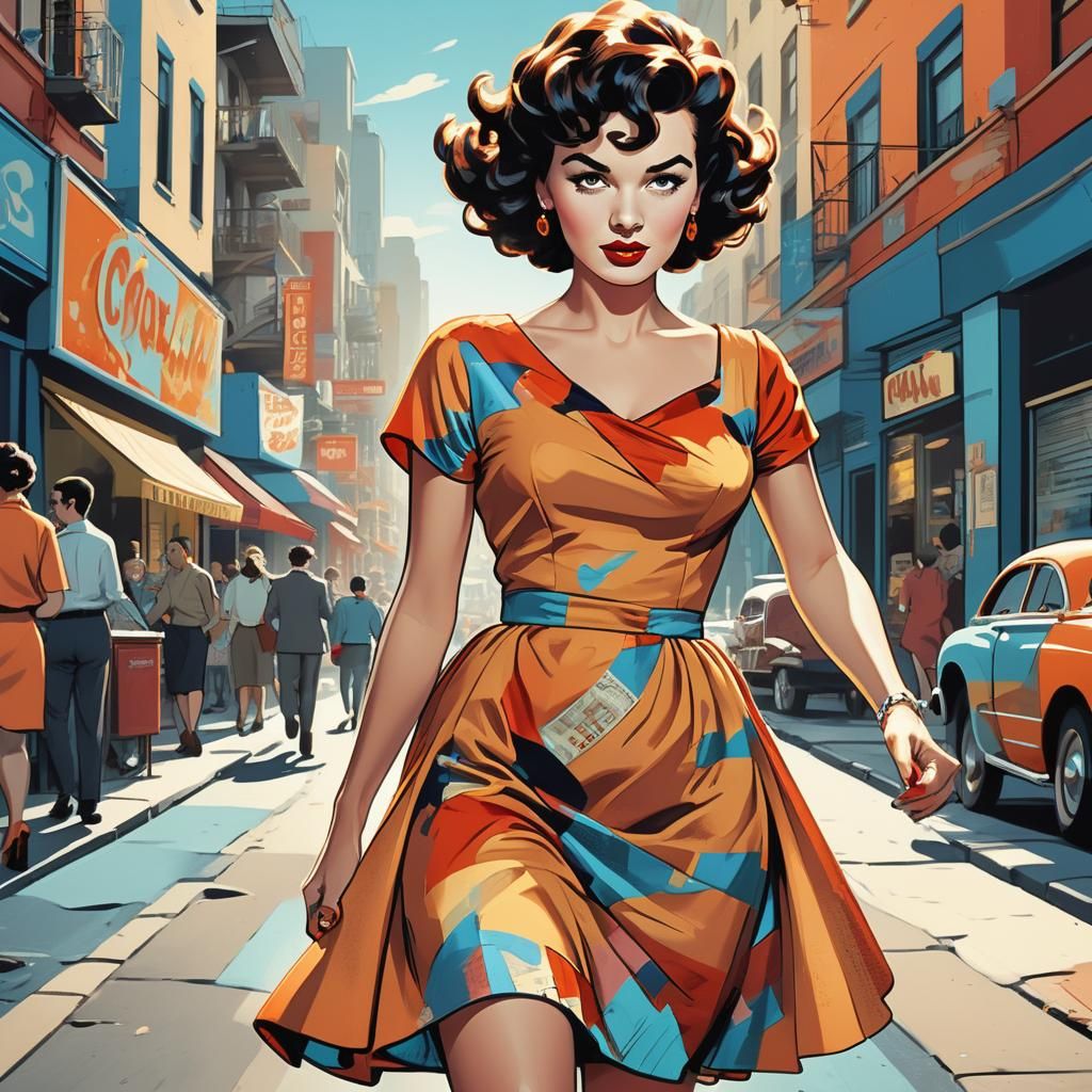 an image of a 1950s rock & roll style lady with short dark c...