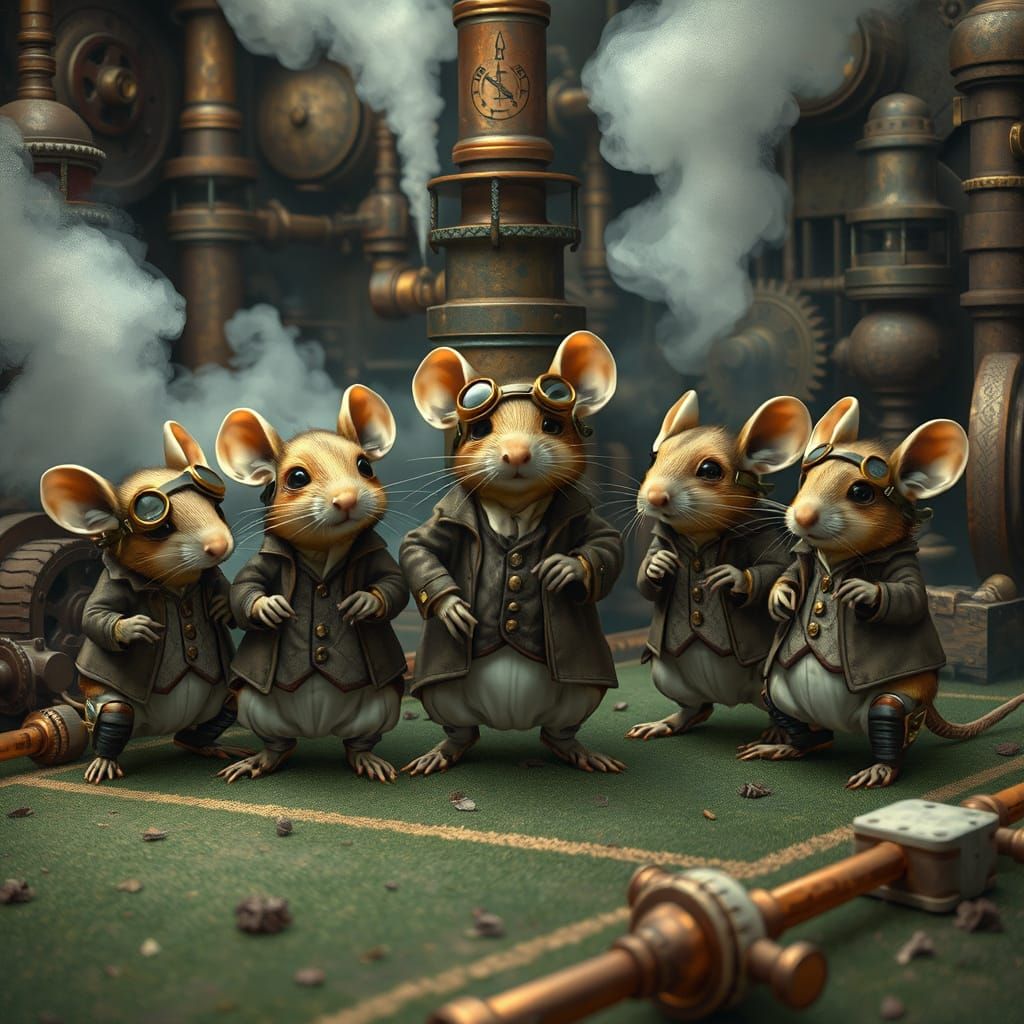 Whimsical Steam Punk Mice Prepare for Cricket Match