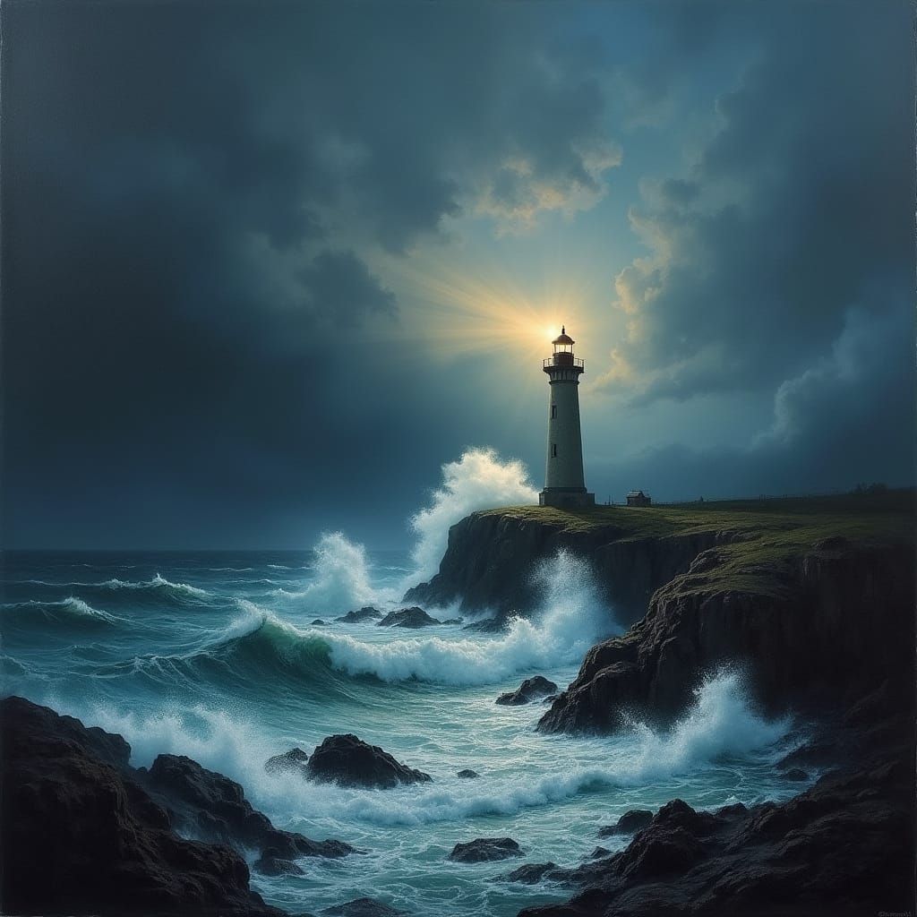 Dramatic Coastal Lighthouse Seascape in Romantic Style