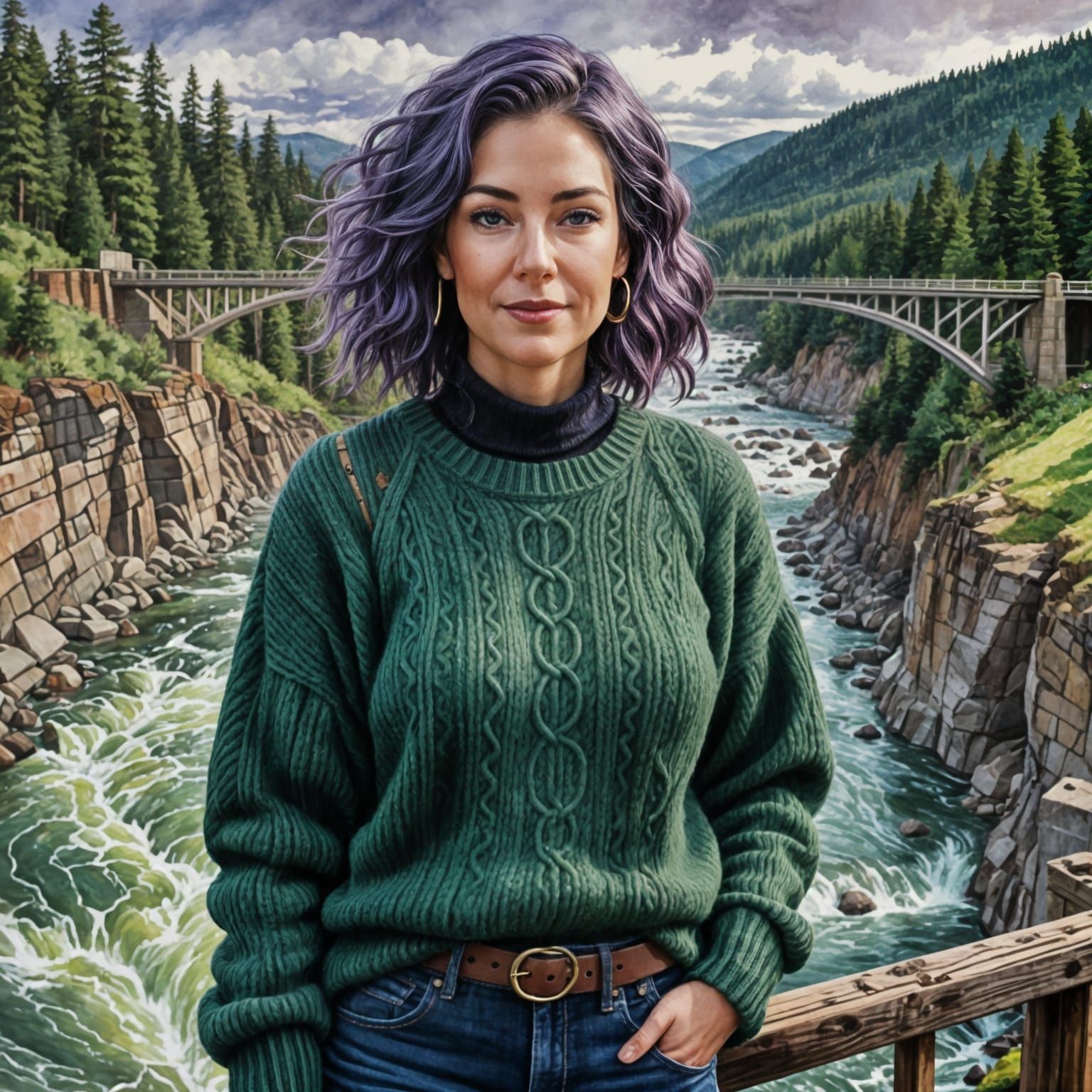 Woman in Vibrant Purple Hair Stands on Suspended Bridge Over...