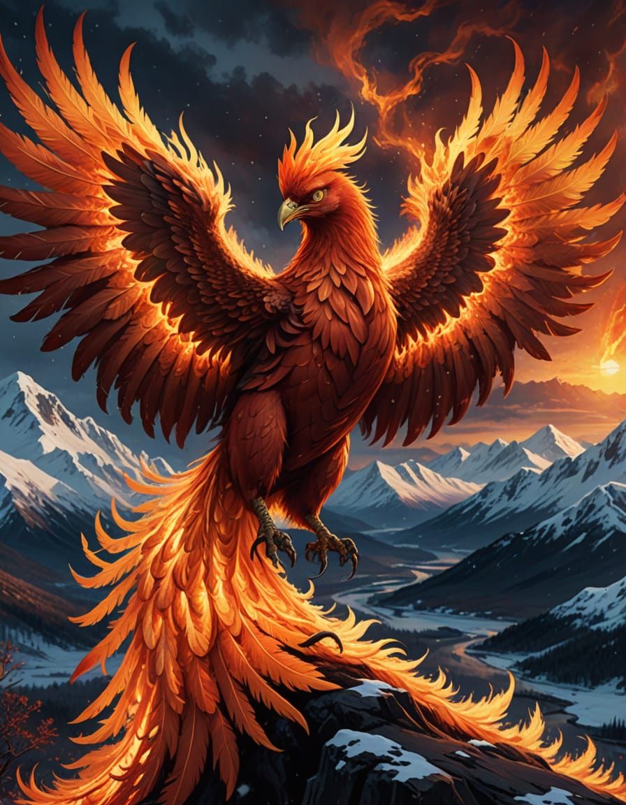 Fiery Phoenix Illuminates Winter Tundra in Digital Art
