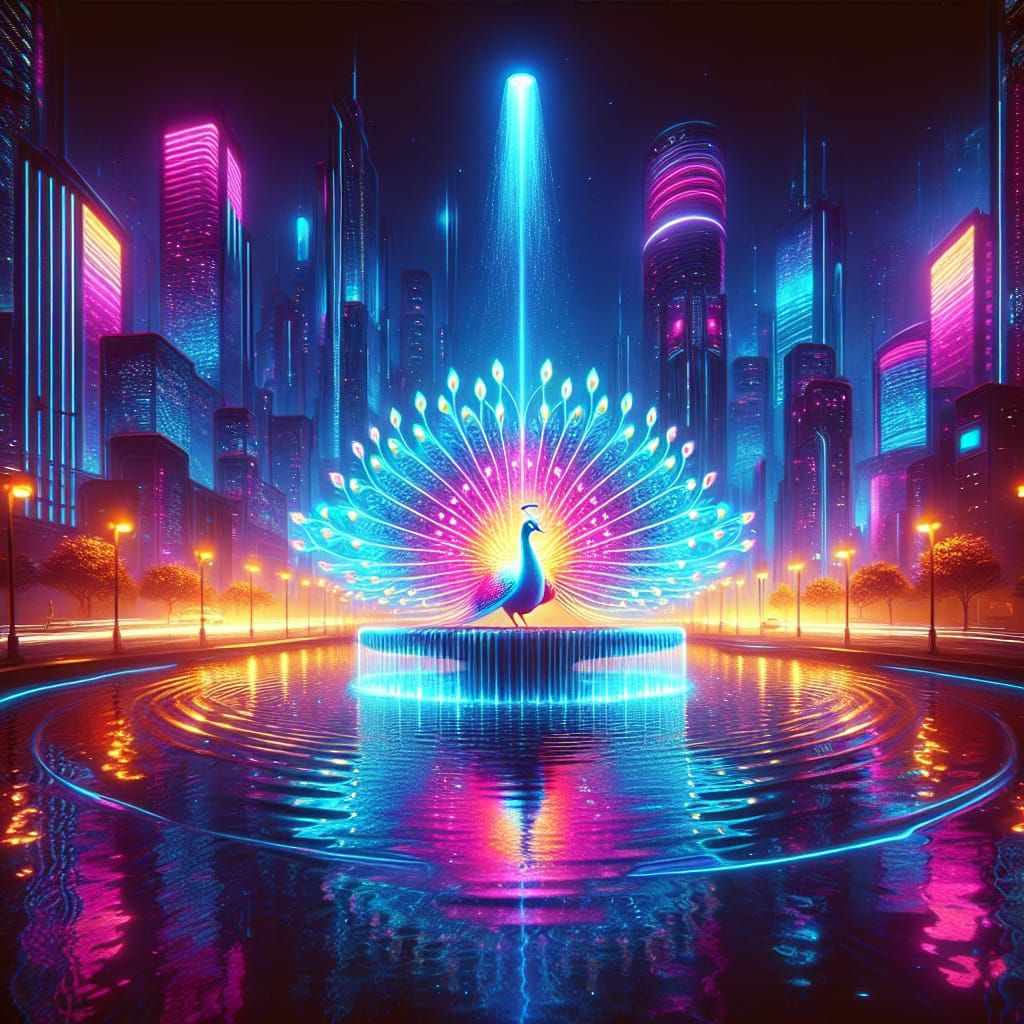 Glowing Neon Peacock in Futuristic City Square
