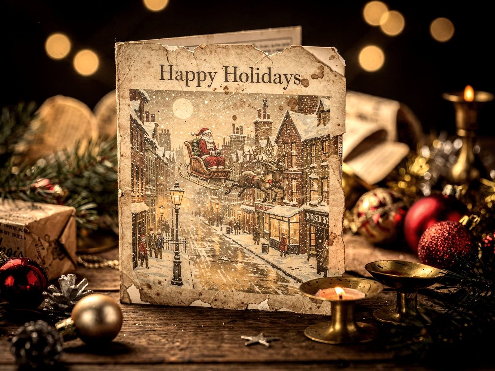 Vintage Santa Card Over Victorian London