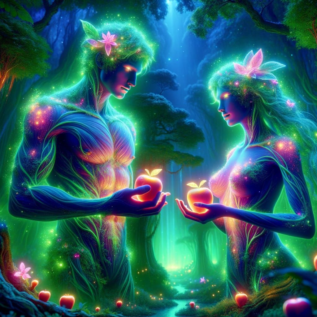 Surreal Paradise Scene with Bioluminescent Adam and Eve