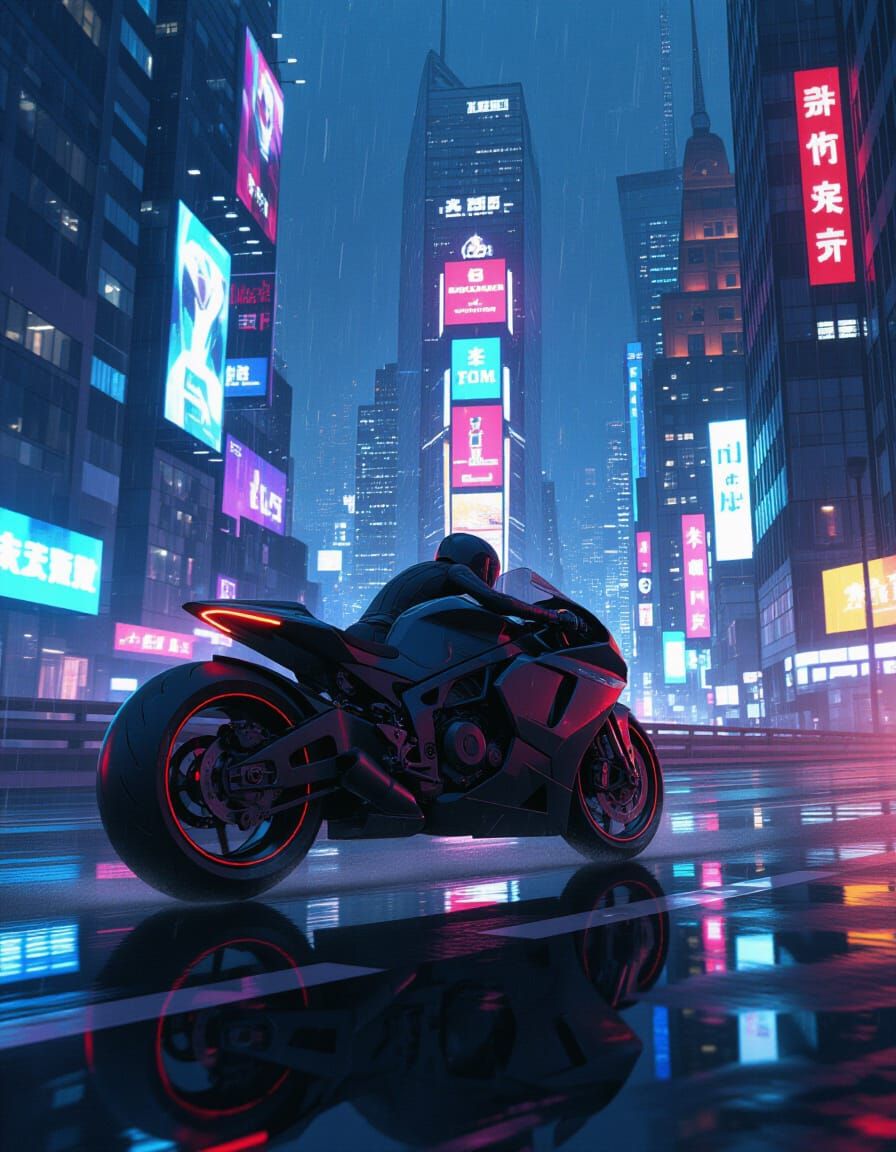 Futuristic Motorcycle Speeds Through Neon Cyberpunk City