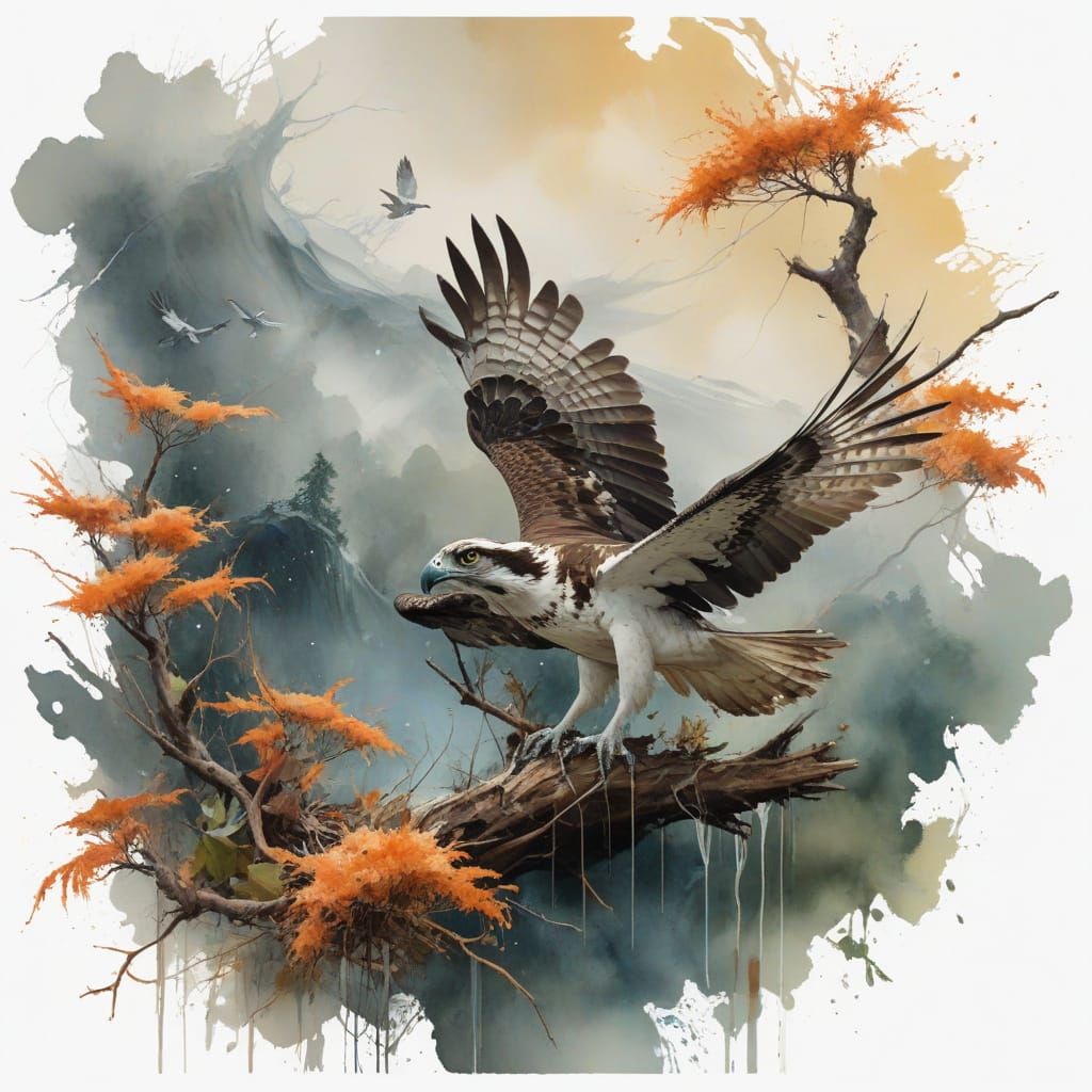 Osprey Soaring Through Stormy Sky in Carne Griffiths Style