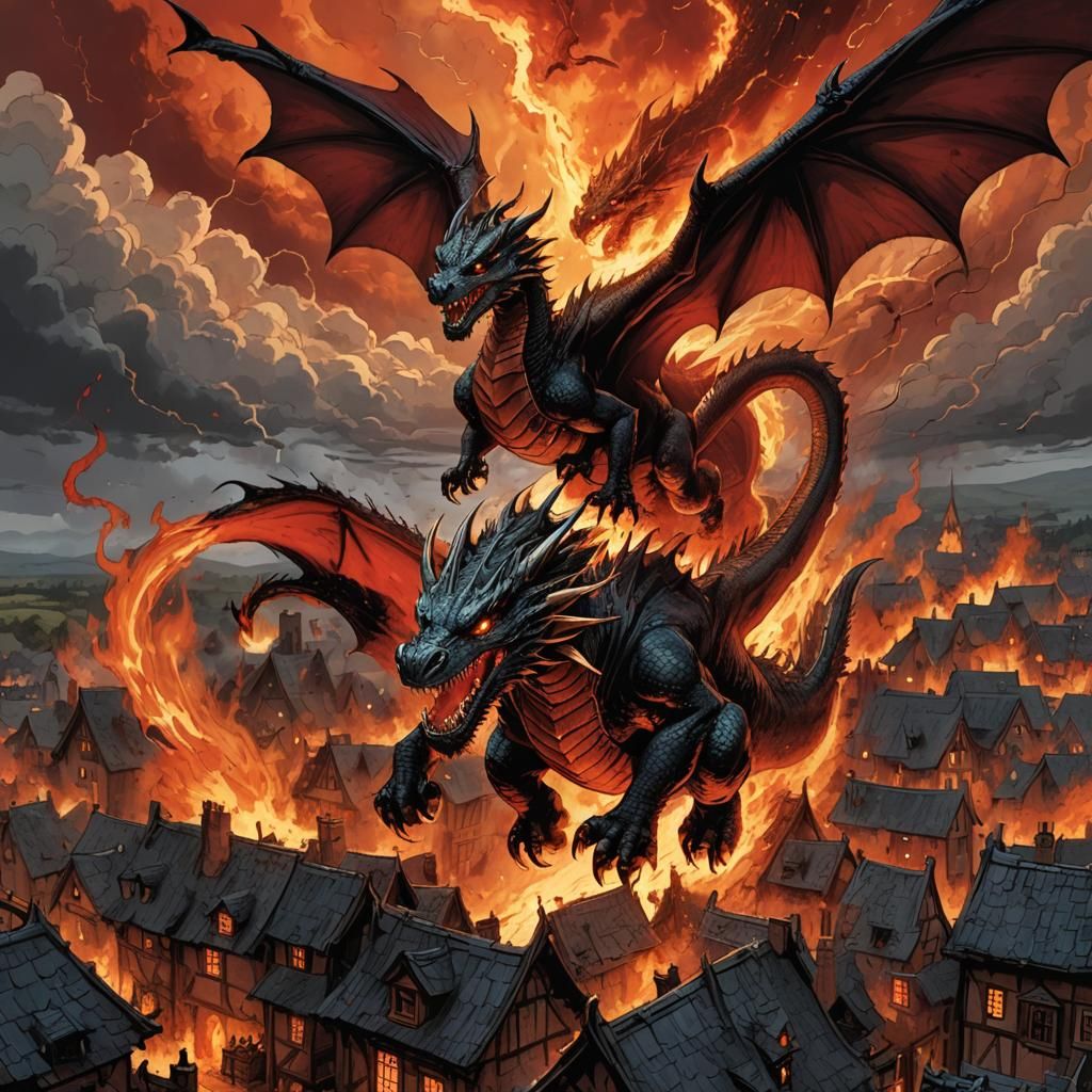 Dragon Attack on Medieval Village in Comic Book Style