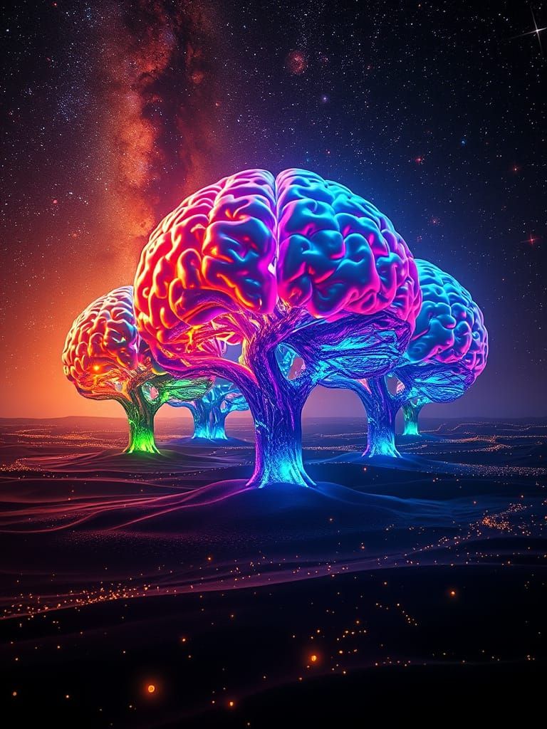 Vibrant, Neon-Lit Tree of Knowledge in a Futuristic Wastelan...