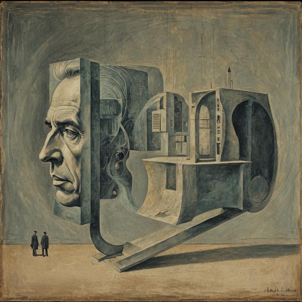 the Copenhagen interpretation, 1950’s painting, Niels Bohr and Werner Heisenberg, melancholic, 8k resolution concept art...