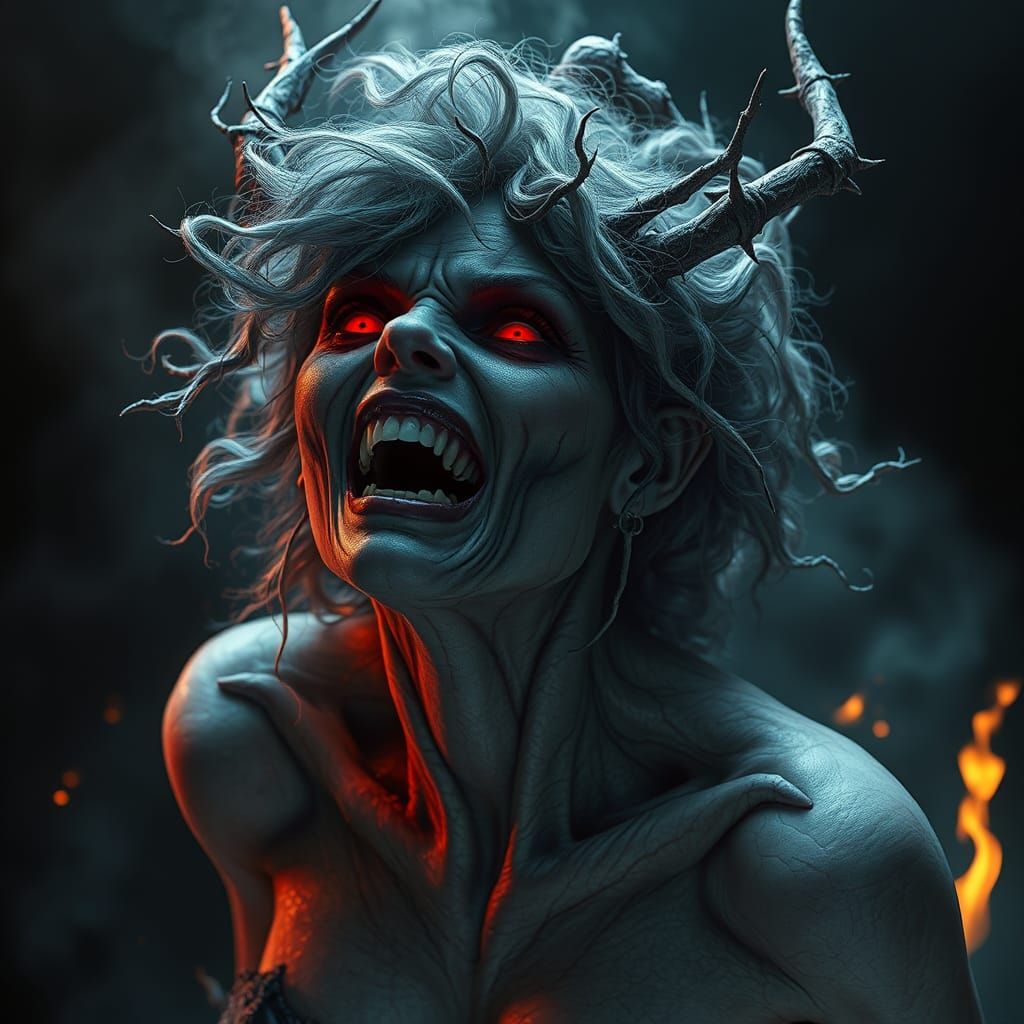 A demon with wild grey curly hair red eyes and a crown of thorns on her head, scarred white cracked skin and prominent b...