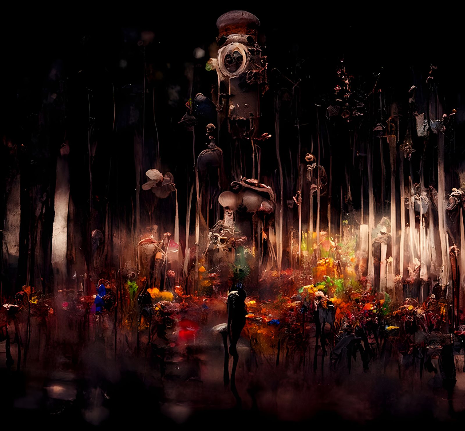 Eerie Mannequins in Dark Forest, Hyperrealist Digital Art