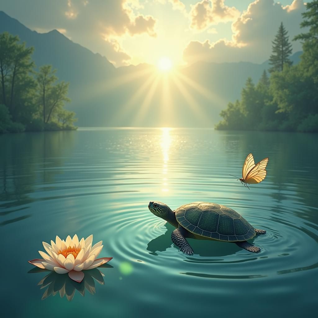 Serene Turtle and Butterfly in Dreamy Waters