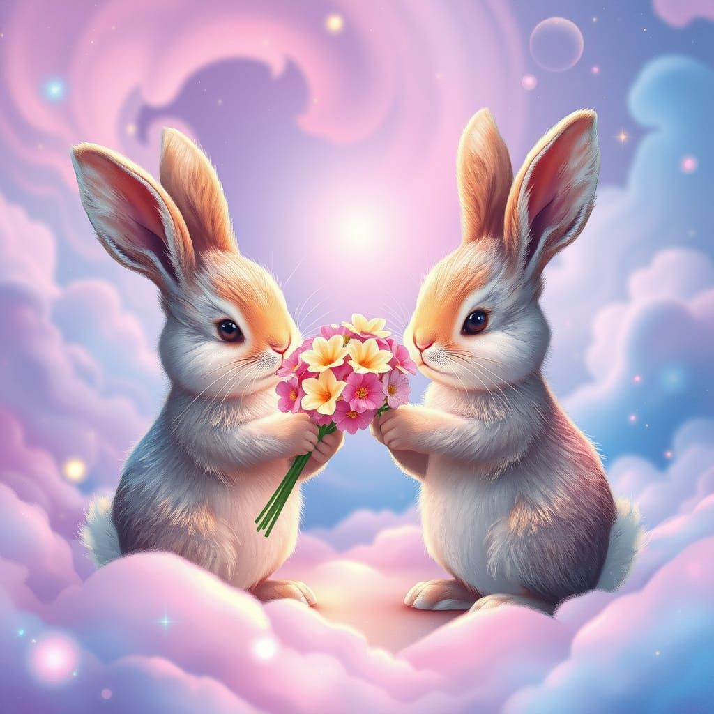 Bunnies Share Cosmic Blooms in Whimsical Landscape
