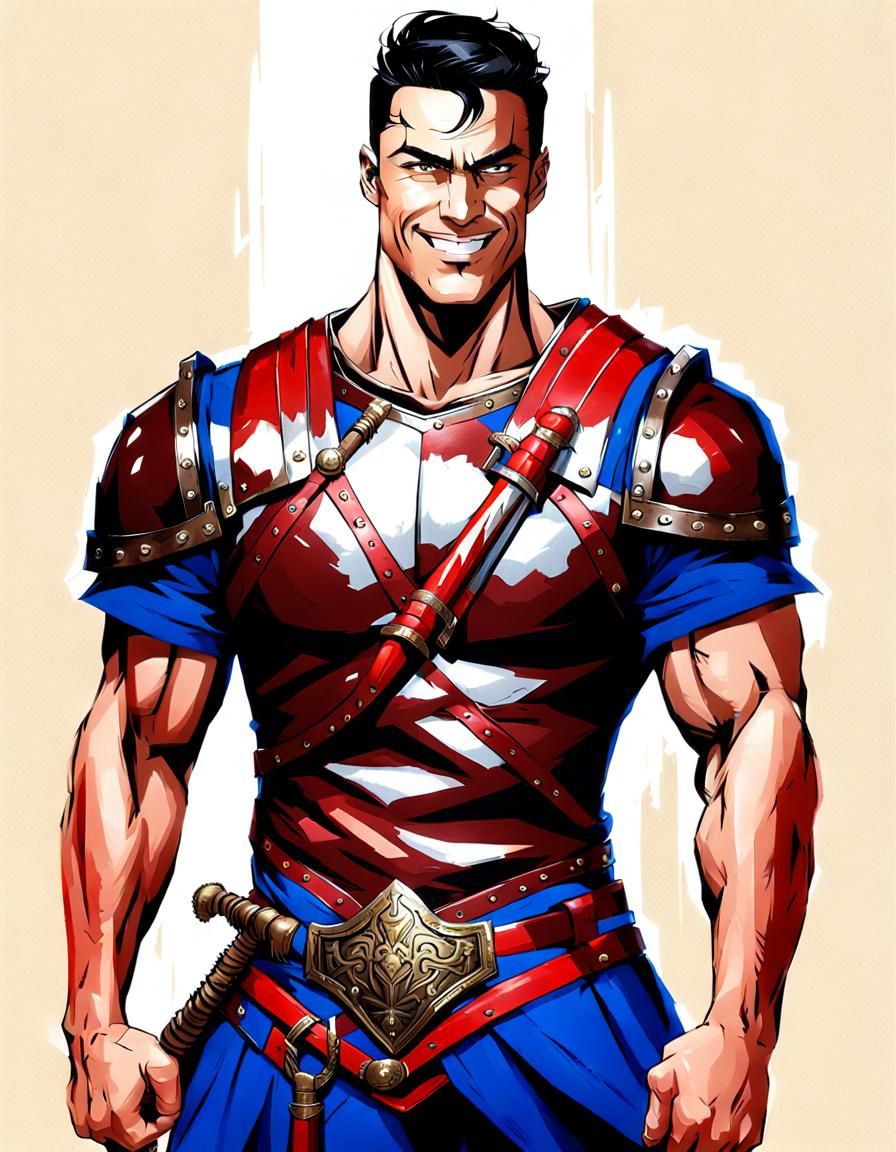 Muscular Man in Gothic Setting with Sword