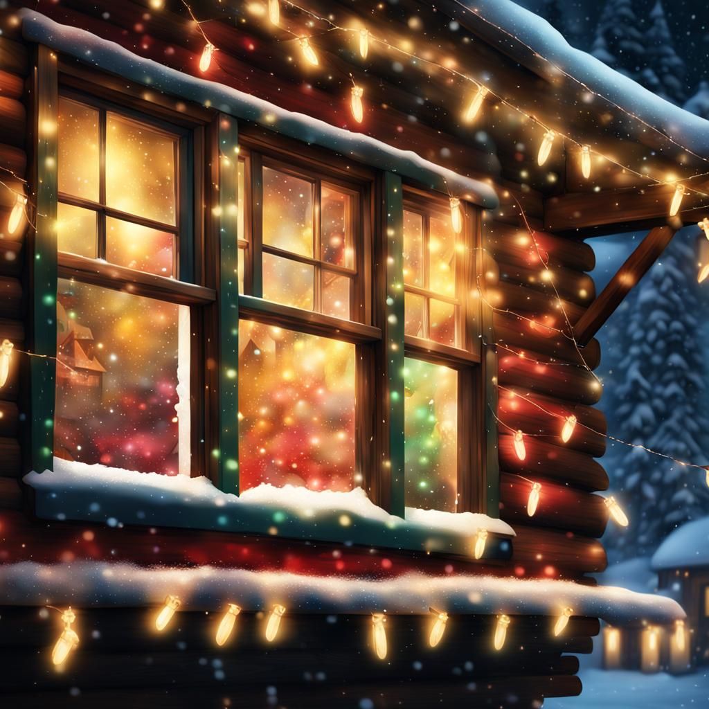 Christmas Lights on Cabin Window: Hyperrealistic Art