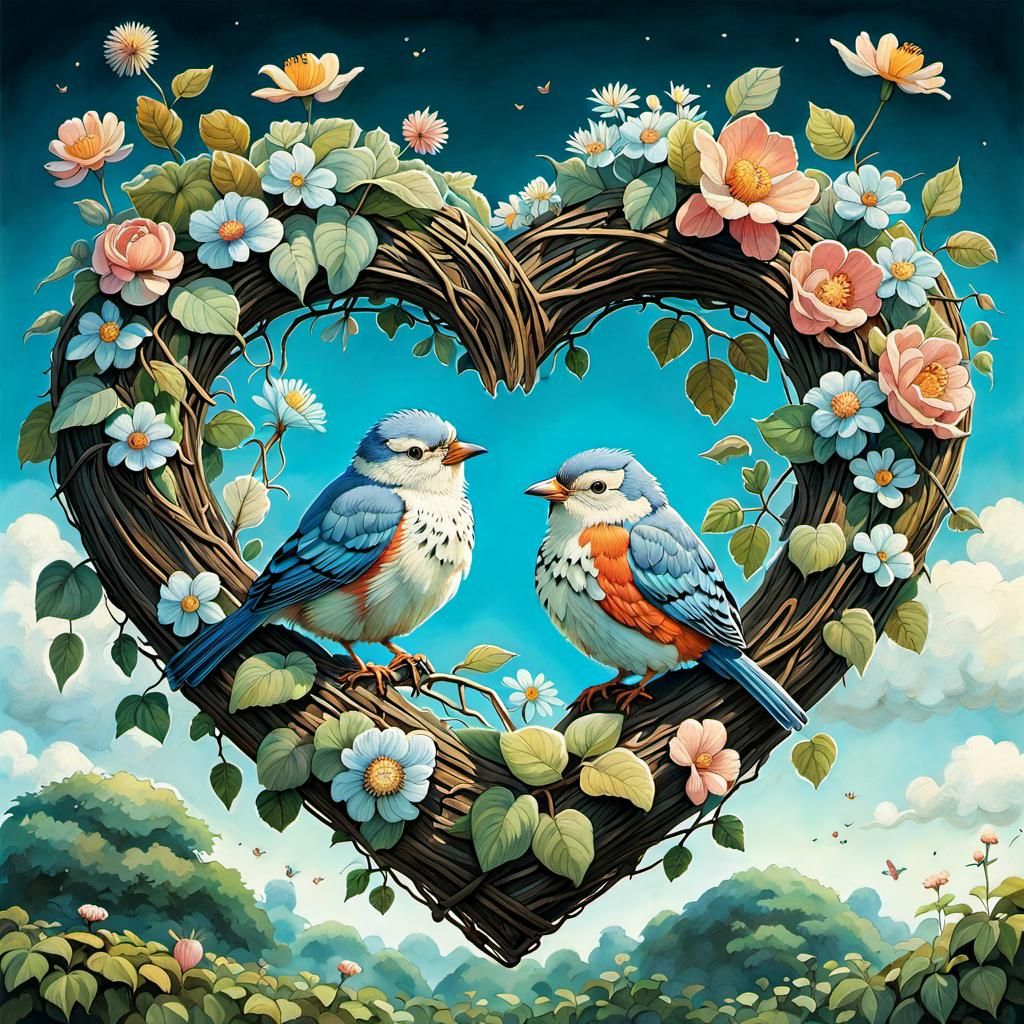 Birds Surround Floral Heart in Whimsical Style