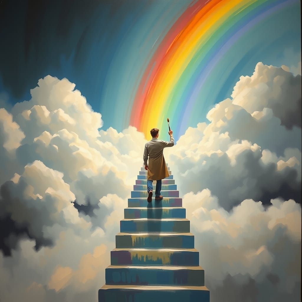 Rainbow Painter on Cloud Staircase in Abstract Style