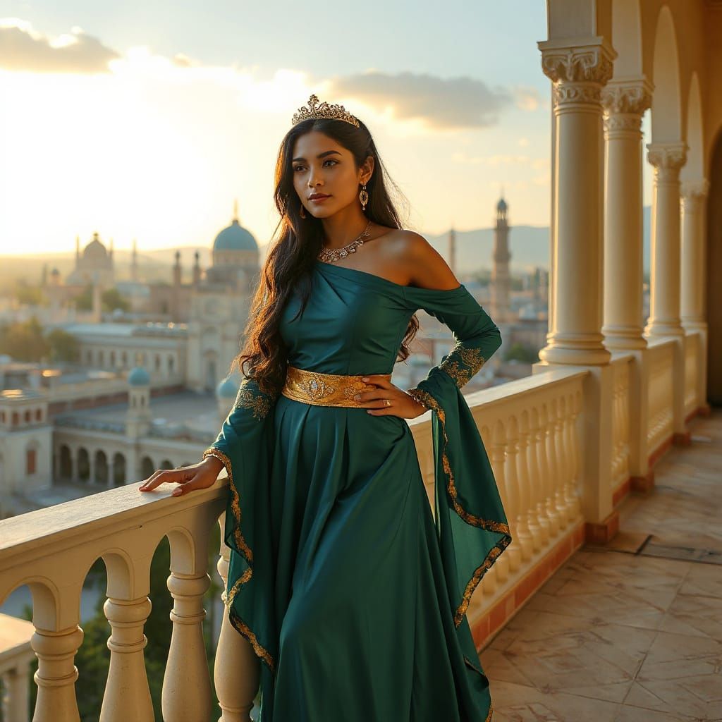 Latina Woman Gazing Over Ancient City at Sunset