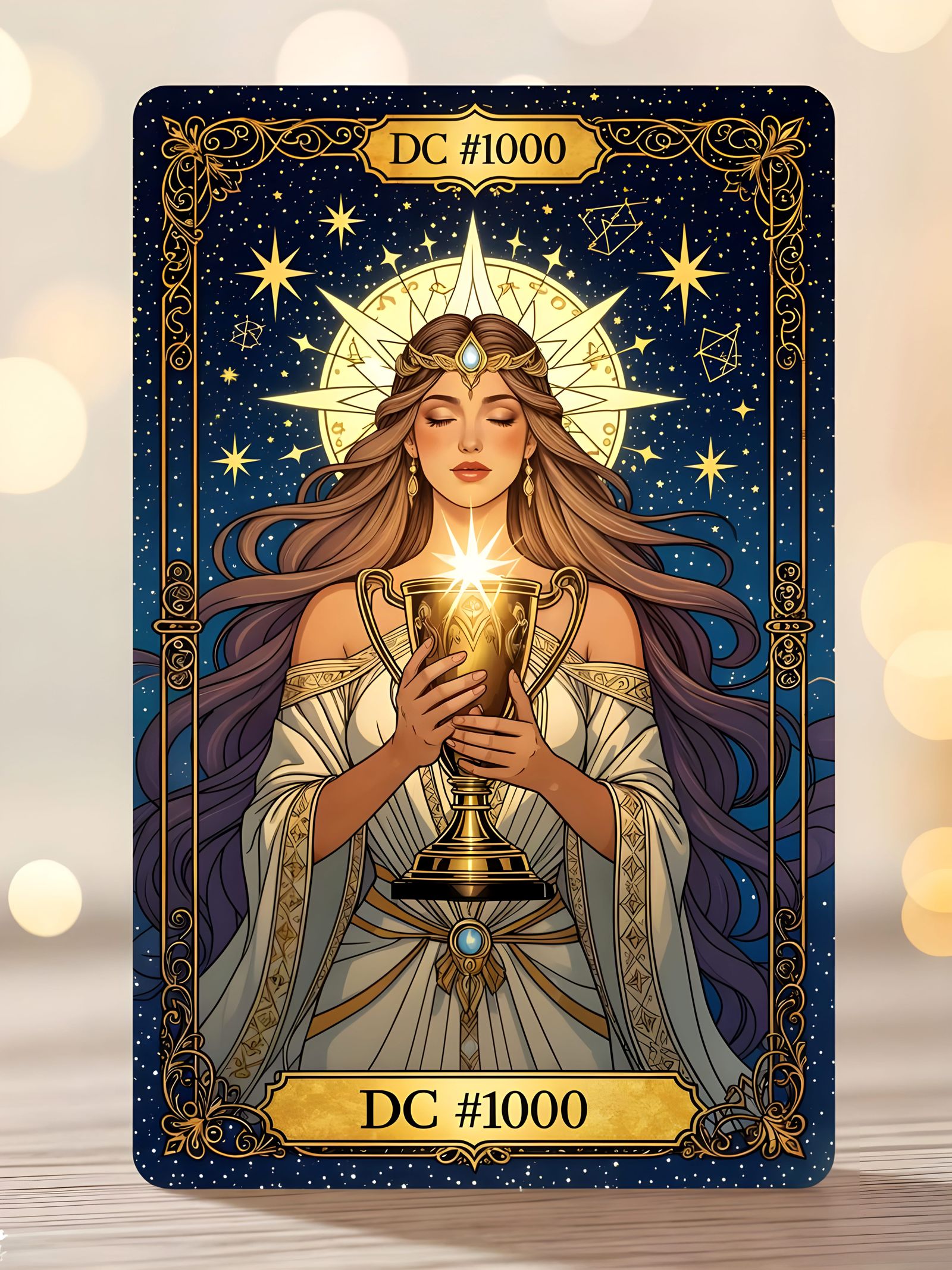 Elemental Goddess Embraces Trophy in Tarot Card
