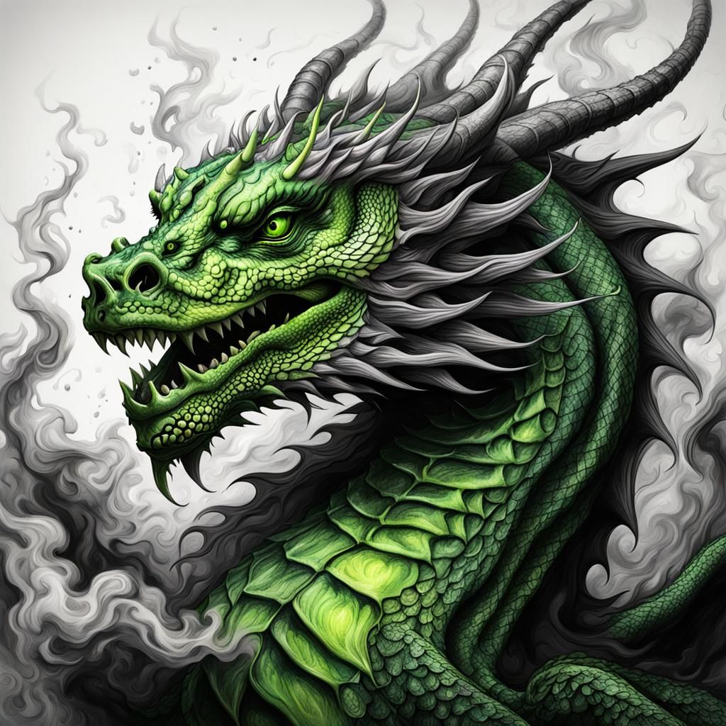 Lime Green Dragon Blowing Smoke, Charcoal Drawing
