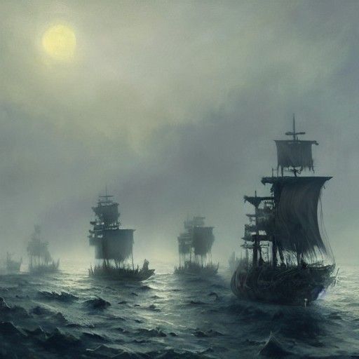Eerie Ghost Pirate Fleet on a Foggy Sea