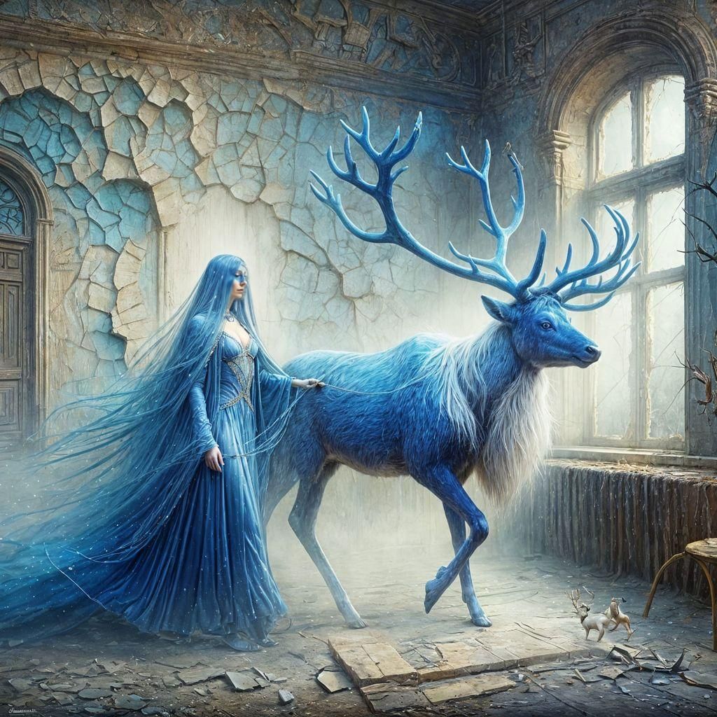 Ethereal Sapphire Priestess in a Dreamlike, Peeling Paint En...