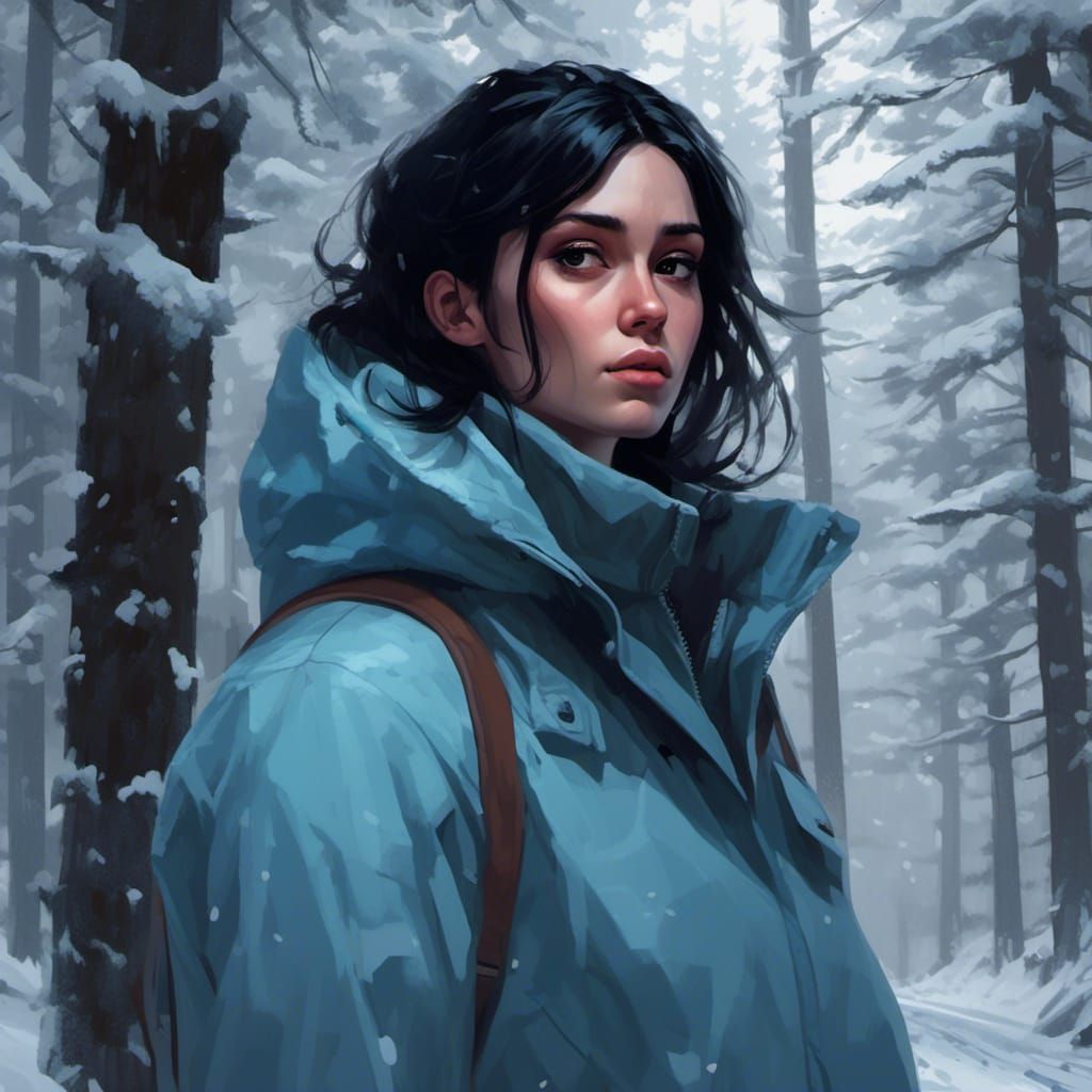 Analytical Woman in Snowy Forest Portrait