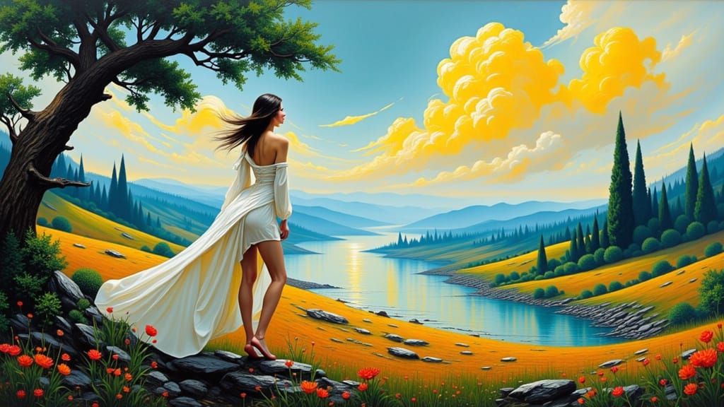 Woman in Futuristic Landscape, Cubist Surreal Style