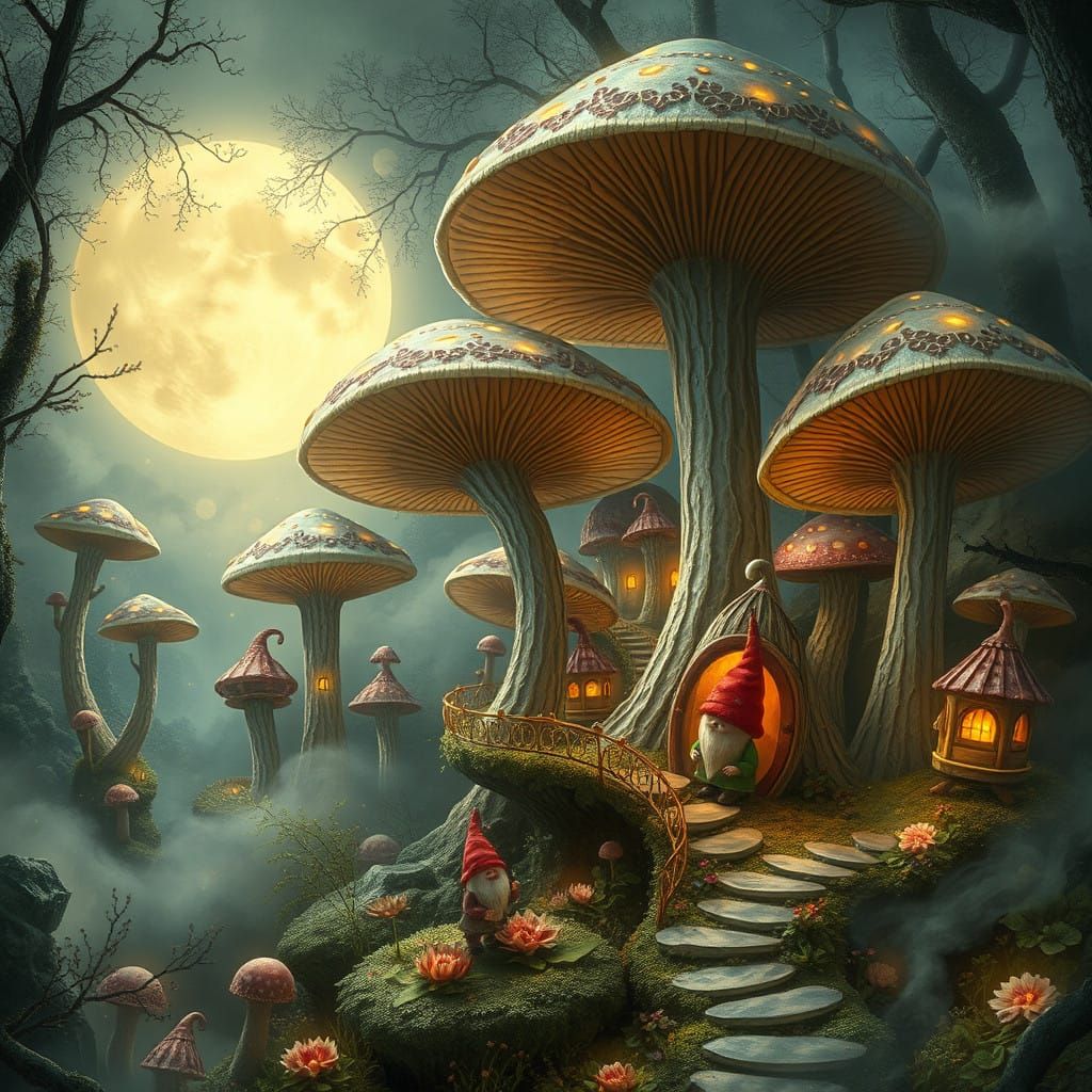 Enchanted Gnome Village beneath Glowing Mushrooms