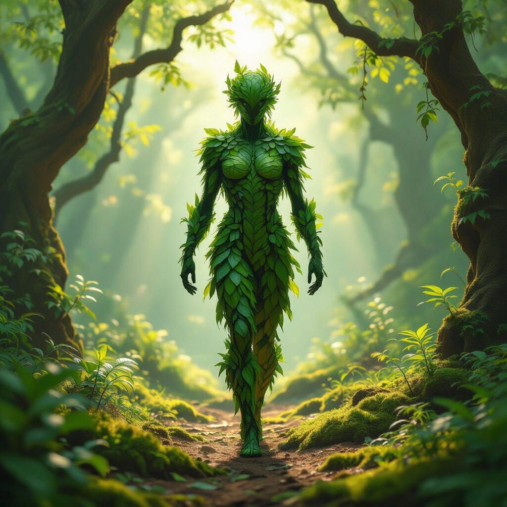 Leaf Person Walks Through Sunlit Forest