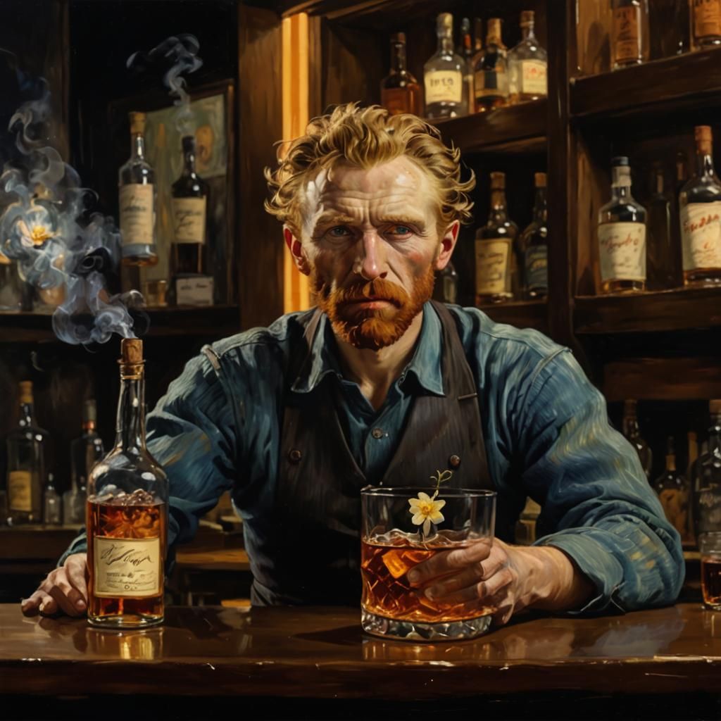 Van Gogh Self-Portrait with Flower in Neon Oils