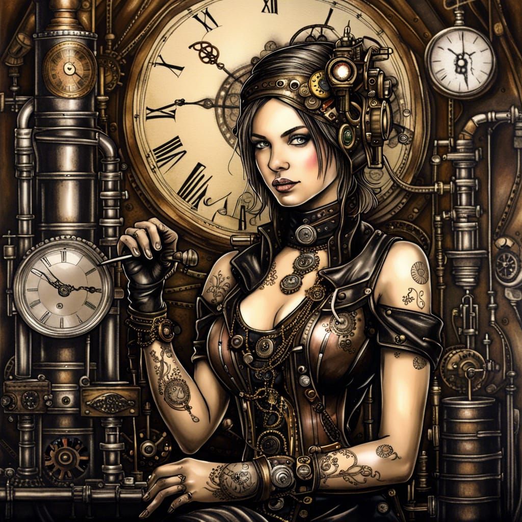 Steampunk Clockwork Angel in Detailed Ink Drawing