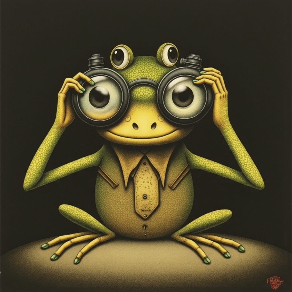 Whimsical Frog Explorer in the Style of Hans Arnold