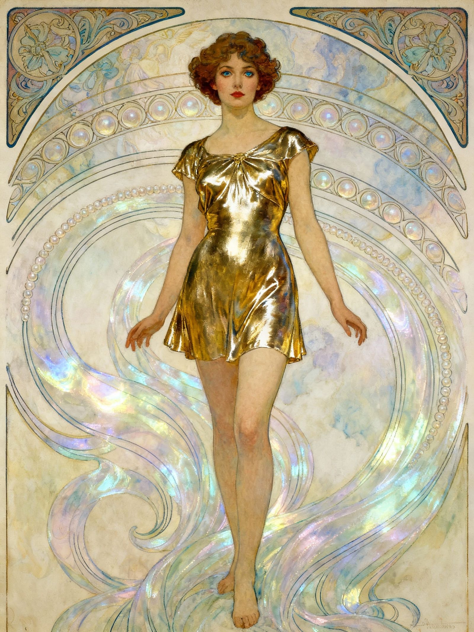 Art Nouveau Woman in Gold Dress with Pearlescent Hues