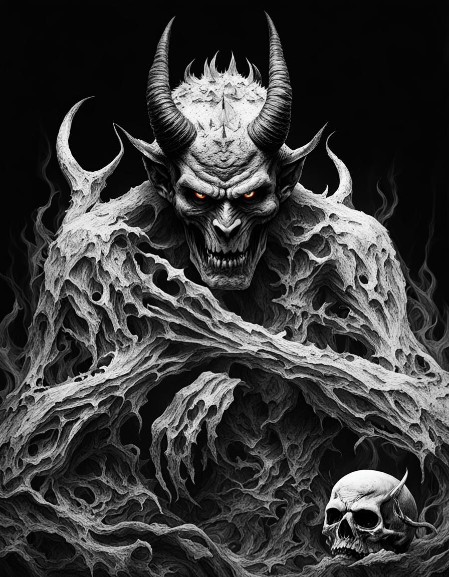 Demonic Figure in Hellish Black and White Landscape
