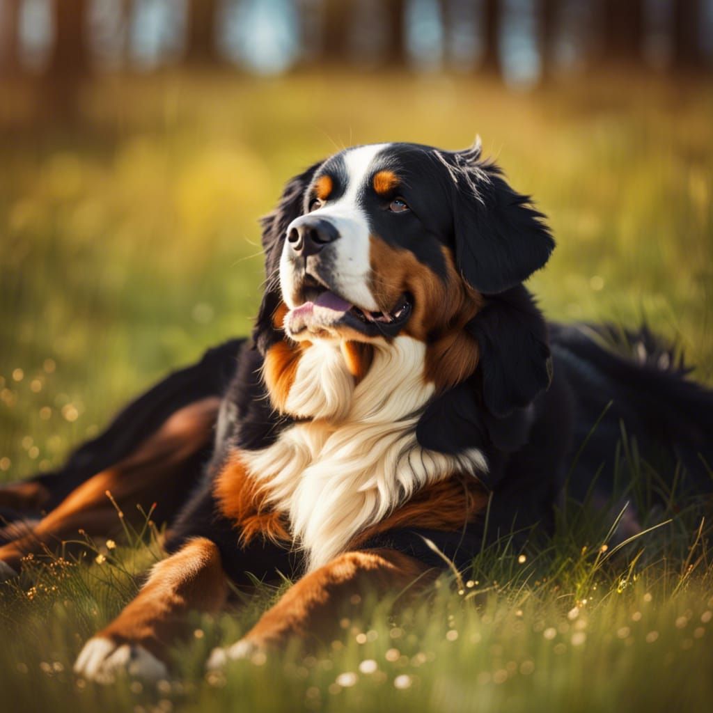 Bernese Mountain Dog Sunbathing in Meadow: Photography