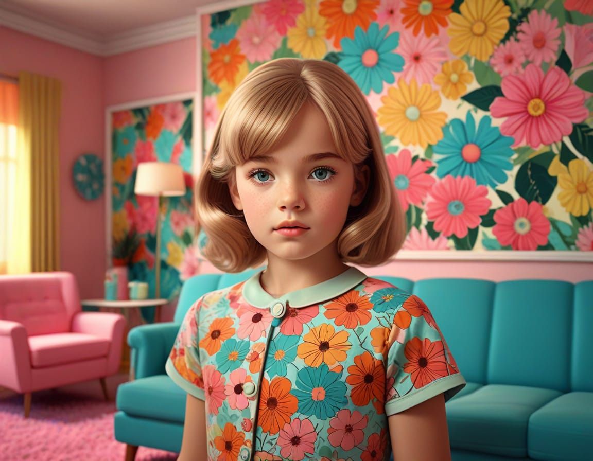 Retro Pop Art Little Girl in 1960s Living Room