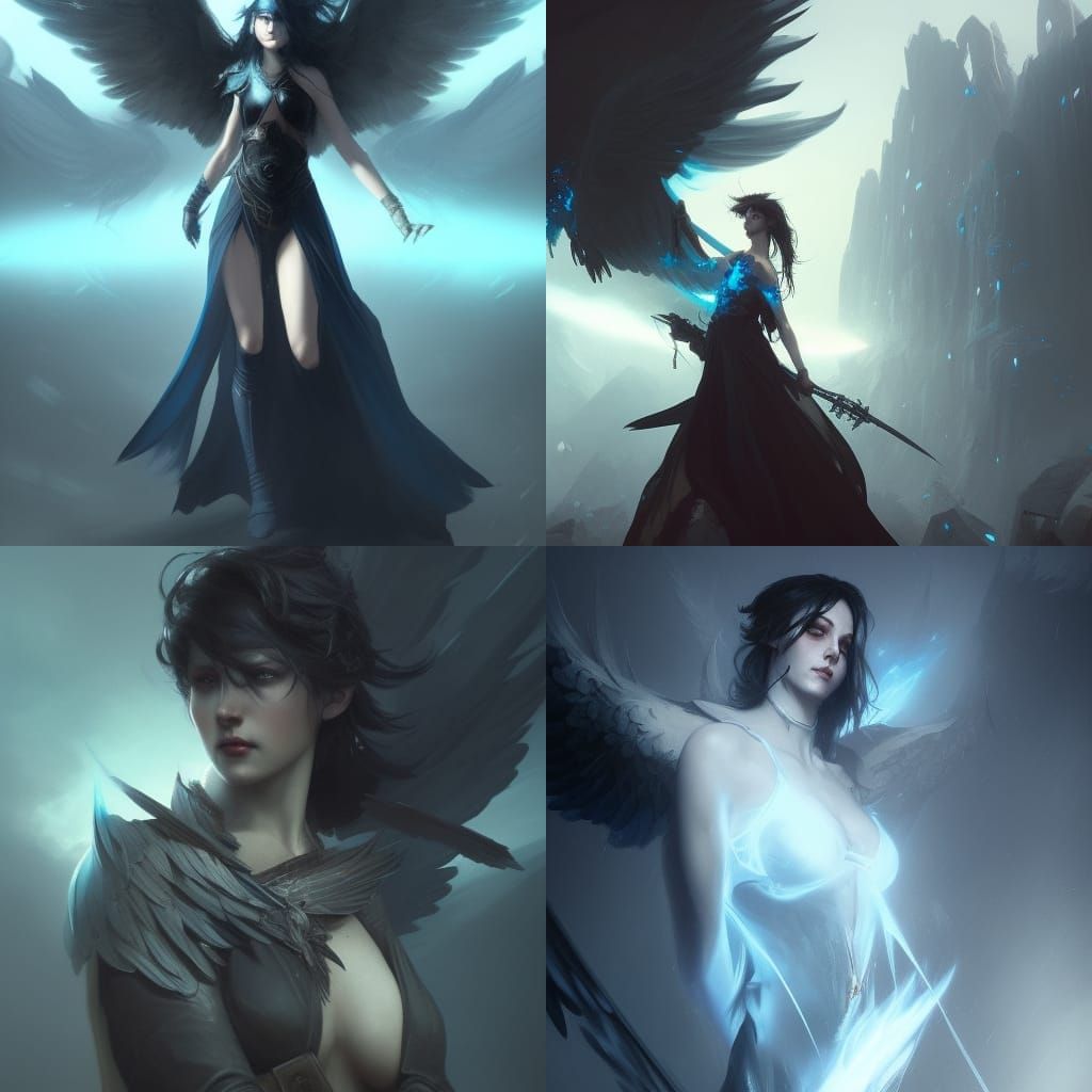 Dark Fantasy Angel with Black Wings, Detailed Digital Art
