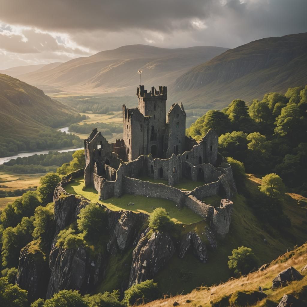 Sunlit Castle Ruins in Scotland Highlands