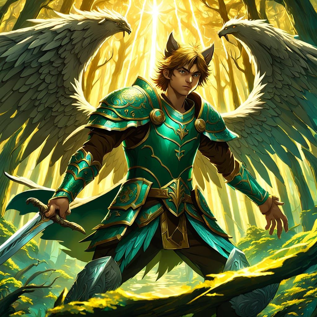 Anime Wolf Boy with Sword and Angel Wings