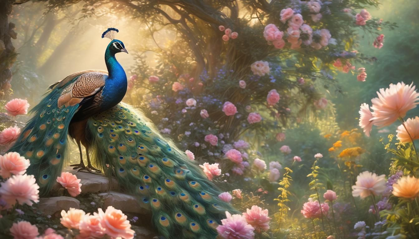 Peacock in Golden Hour Garden: Impressionistic Style