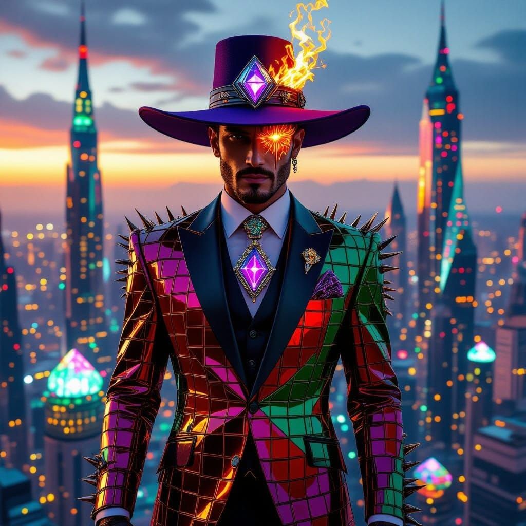 Futuristic Crocodile Suit Man with Crystal Hat