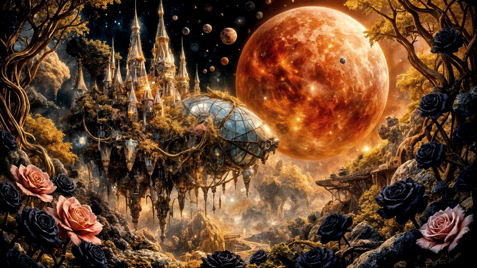 Steampunk Airship Over Red Moon Ring in Watercolor